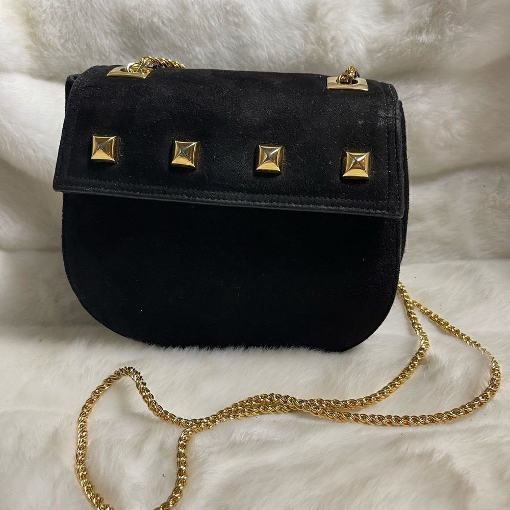 Frenchy of California vintage black suede shoulder bag ,gold tone studs accents
